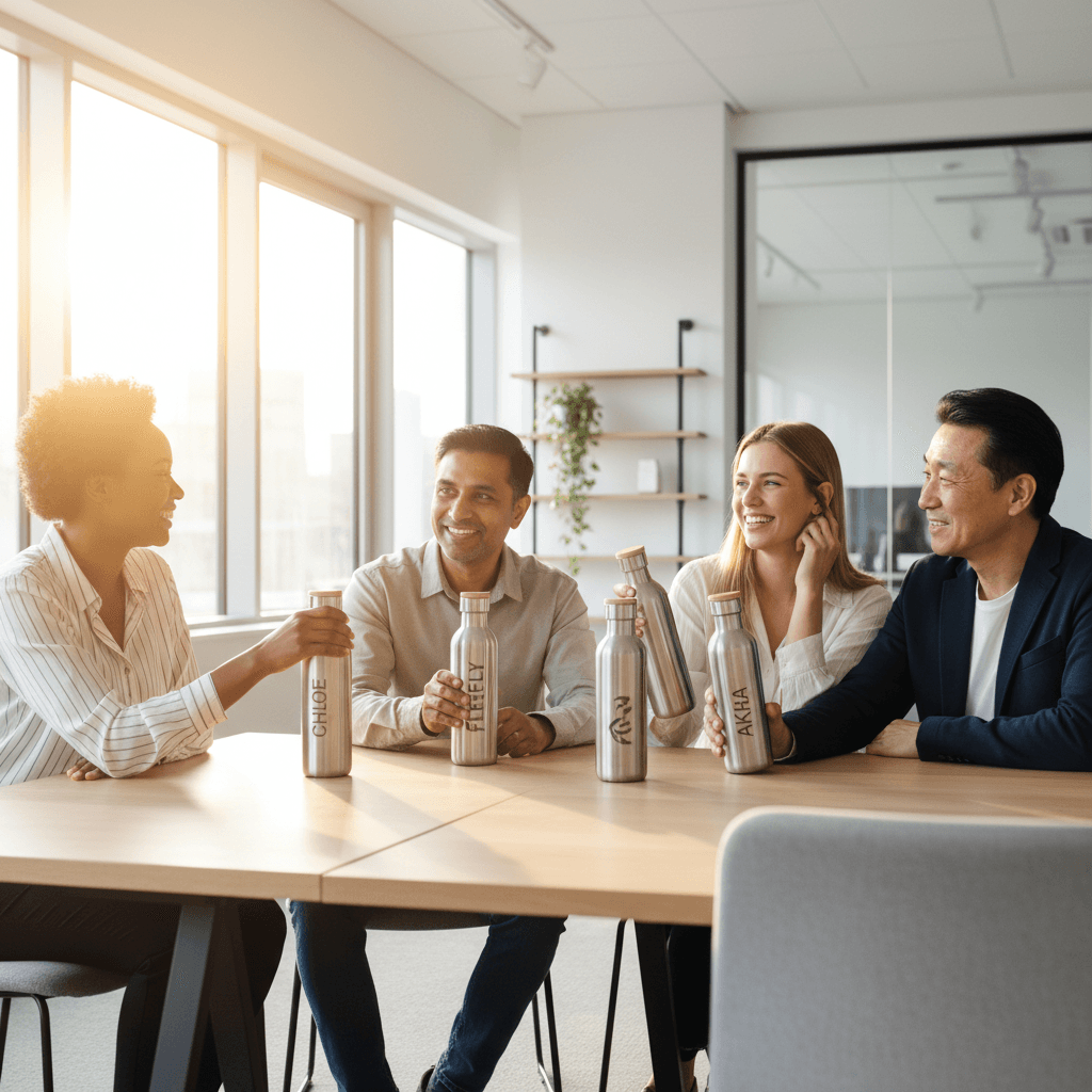 Firmenteam mit personalisierten Fleefly Flaschen