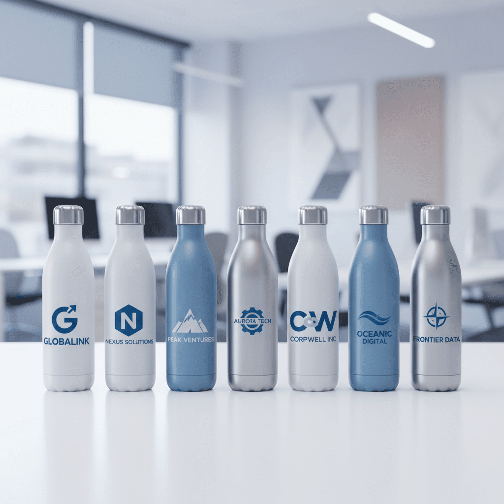 Corporate branded water bottles with company logos