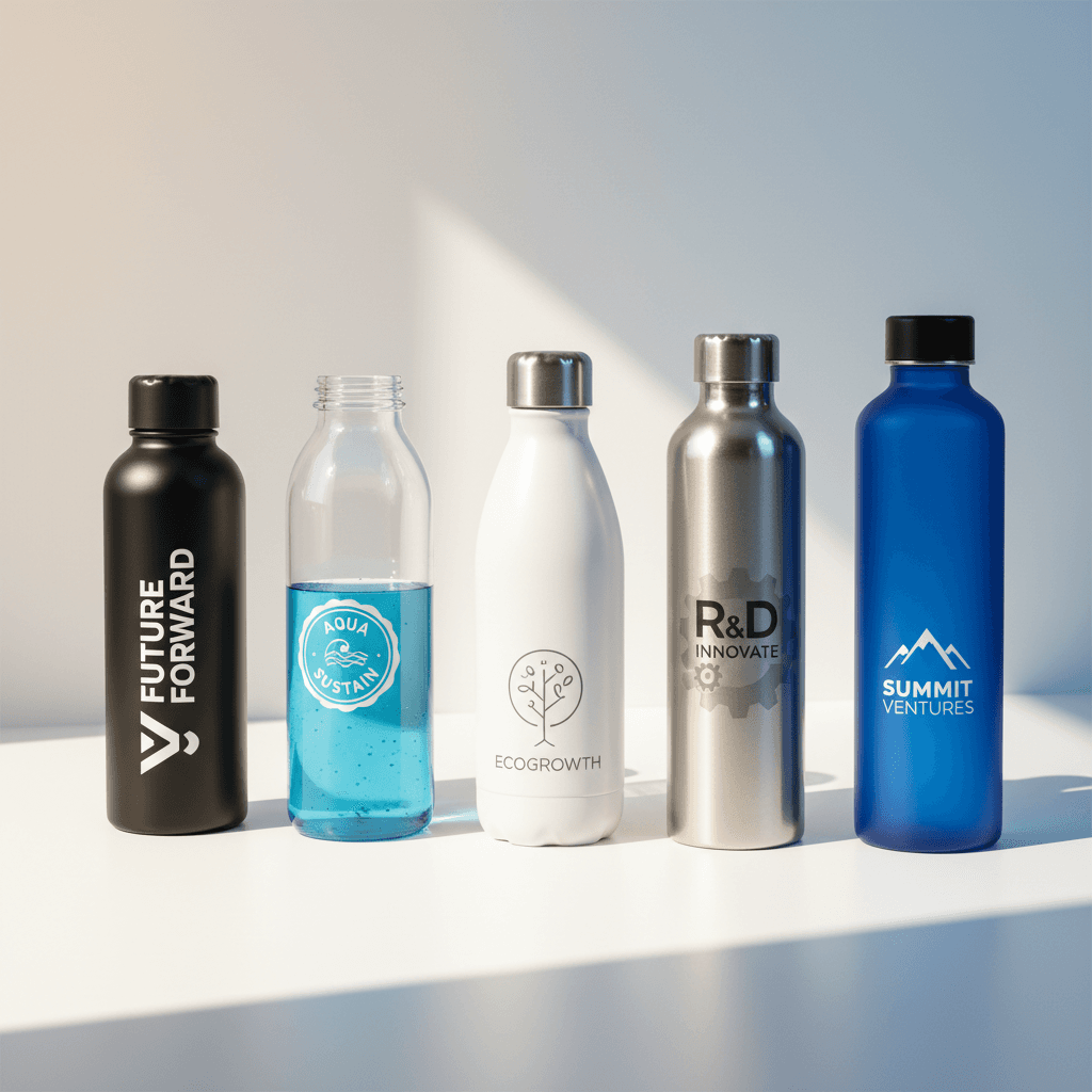 Sammlung personalisierter Flaschen mit Unternehmenslogos