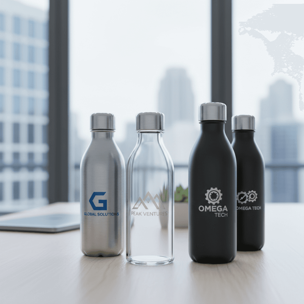 Mehrere Flaschen mit Unternehmenslogo