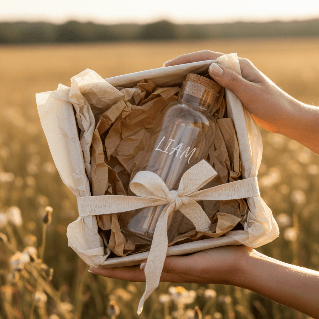 Personalisierte Flasche als liebevoll verpacktes Geschenk