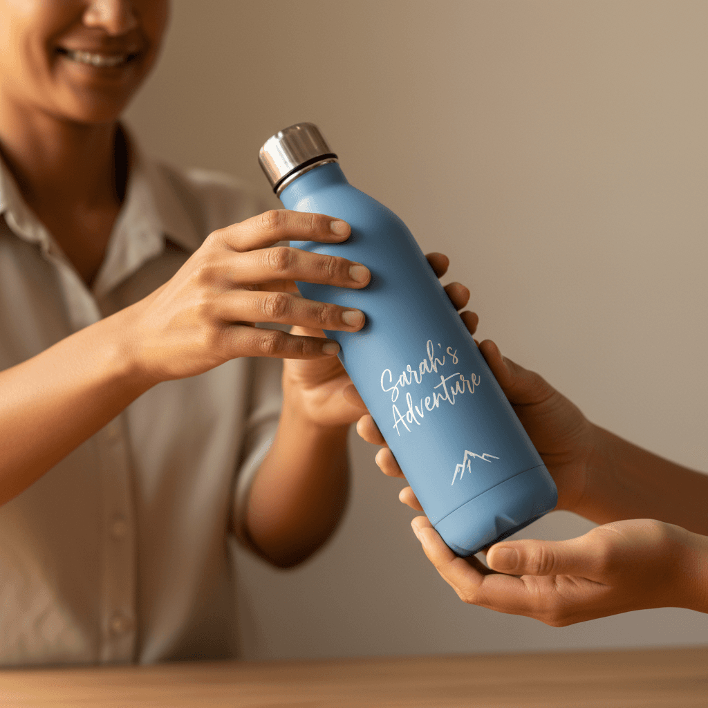 Final handoff of completed personalized water bottle